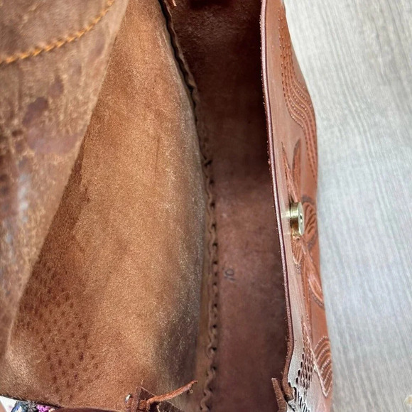 Womens Handbag Boho Leather Floral Tooled Embossed Purse Mini Sling Tan Brown - Picture 7 of 12